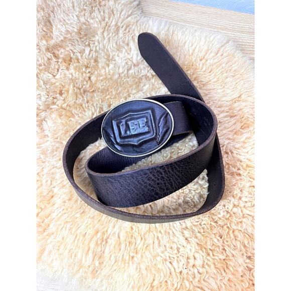 Lee Cowboy Brown Leather Belt With Oval Metal Buckle Made In Italy - Picture 1 of 16